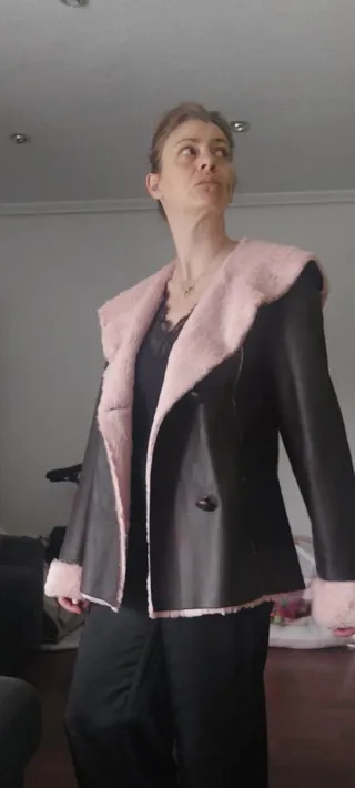 Abrigo reversible piel vuelta marrón y rosa