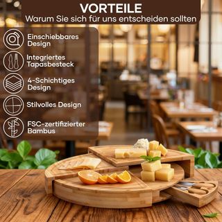 Tabla de quesos de madera con cubiertos