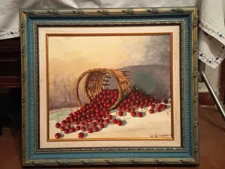 Cuadro Óleo Cerezas Cesta Mimbre