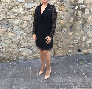 Vestido de fiesta encaje azul marino, tipo abrigo