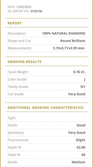 Anillo Oro 18k Diamante Natural 0.76 Ct SI1