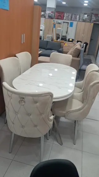 Mesa ovalada + 6 sillas terciopelo Plata