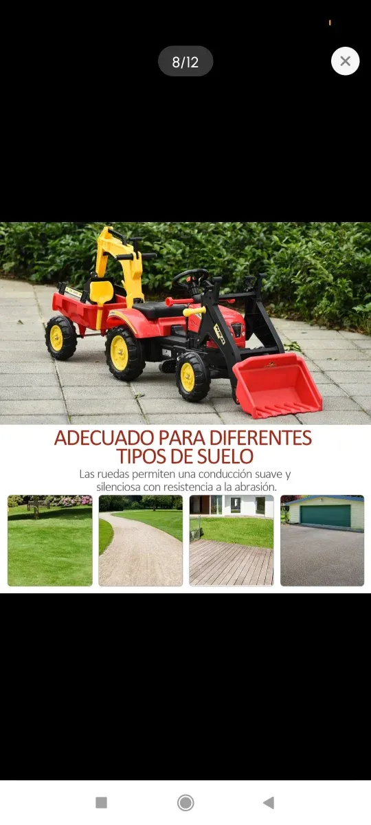 Tractor excavadora a pedales con pala y remolque