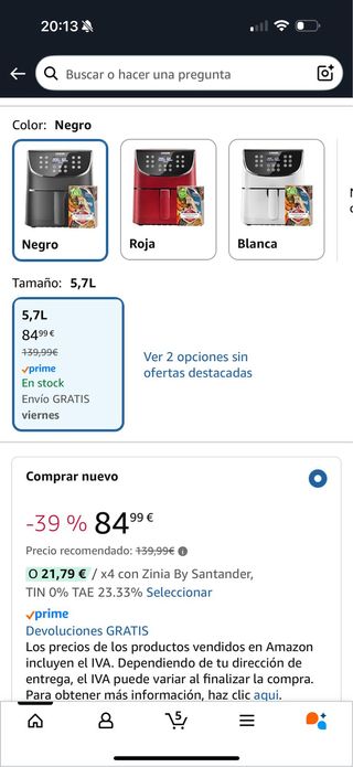 Cosori Freidora de Aire 5.5L Negra