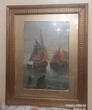 Pintura al óleo antigua de barcos