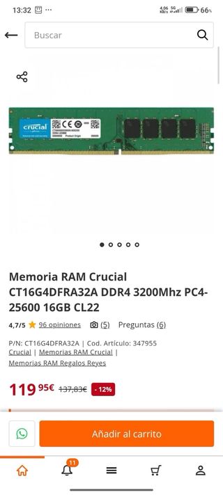 Memoria RAM Crucial 16GB DDR4 3200MHz