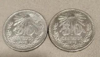 2 Monedas Mexicanas 50 Centavos Plata