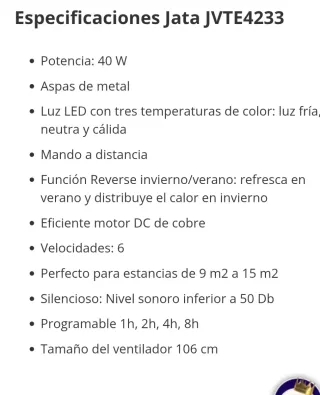 Ventilador Techo Jata JVTE4233 LED Mando.