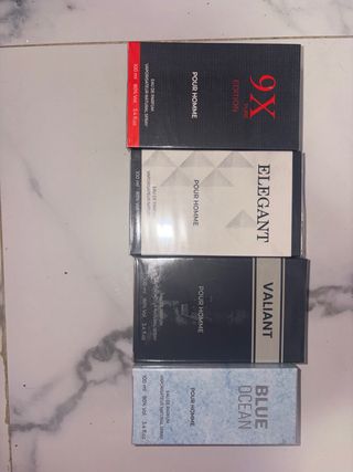 4 Perfumes Hombre: 9X, Elegant, Valiant, Blue.
