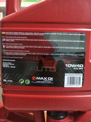 1 caja de 5 garrafas, por 75€, Aceite Max Oil 10W4