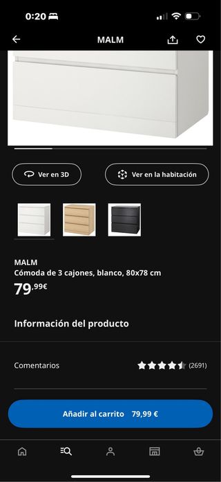 Cómoda MALM 3 cajones blanca 80x78 cm