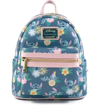 Mochila Disney Stitch Floral Azul Rosa