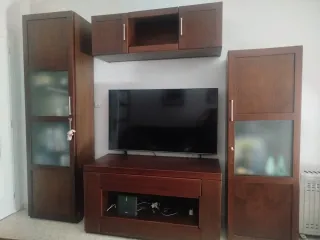Muebles salónTV y estanterías madera+ maletín deco