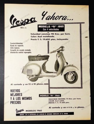 ANUNCIO ORIGINAL VESPA MODELOS S-M AÑO 1960.