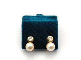 pendientes oro 18k con piedra con diamante,perla