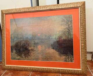 Cuadro paisaje marco dorado y paspartú naranja