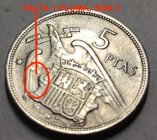 Moneda 5 Ptas 1957*69 Franco Falta Pluma