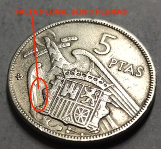 Moneda 5 Ptas. 1957*62 Franco - Falta Pluma