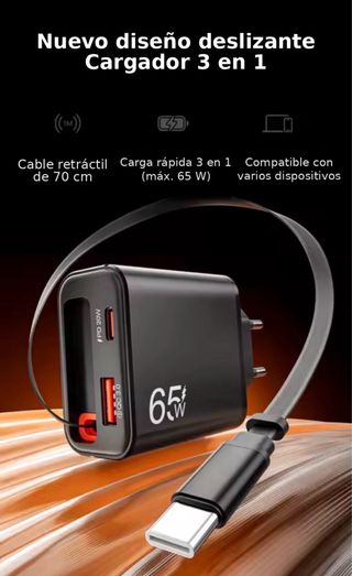 Cargador 65W con cable USB-C retráctil (integrado)