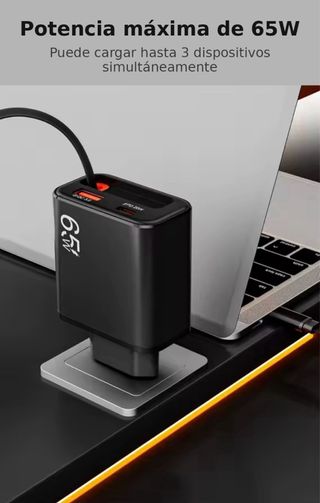 Cargador 65W con cable USB-C retráctil (integrado)