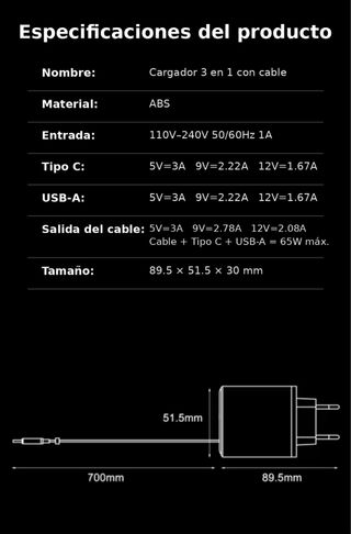 Cargador 65W con cable USB-C retráctil (integrado)