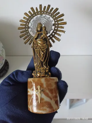 Virgen del Pilar Antigua Bronce Dorado y Mármol