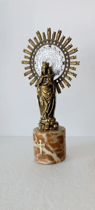 Virgen del Pilar Antigua Bronce Dorado y Mármol