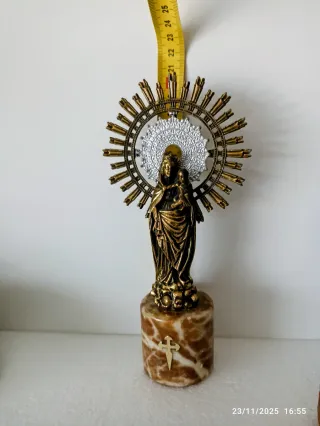 Virgen del Pilar Antigua Bronce Dorado y Mármol