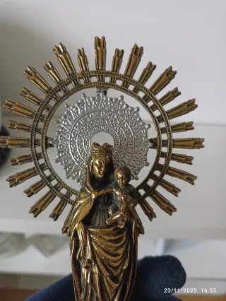 Virgen del Pilar Antigua Bronce Dorado y Mármol
