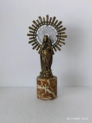 Virgen del Pilar Antigua Bronce Dorado y Mármol