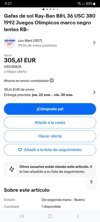 Gafas de Sol Ray-Ban . Juegos olímpicos 1992.