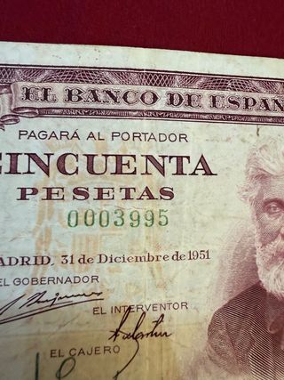 Billete 50 Ptas 1951 Rusiñol Bajísimo Número