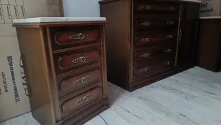 Set Comodino e Comodino Vintage in Marmo e Legno