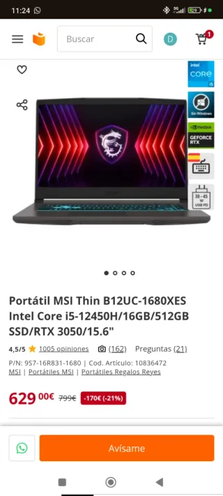 Portátil Gaming MSI Thin B12UC