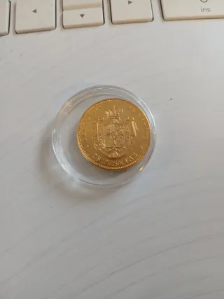 Moneda Alfonso XII 25 Pts 1885. Plata con baño Oro