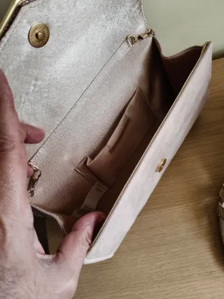 Bolso y zapatos dorados y rosas