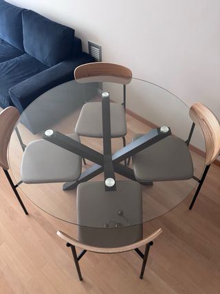 Mesa redonda cristal 120cm + 4 sillas