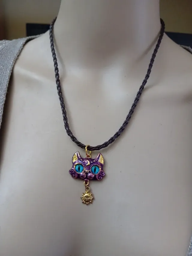 Collana gatto vintage raro con ciondolo sole
