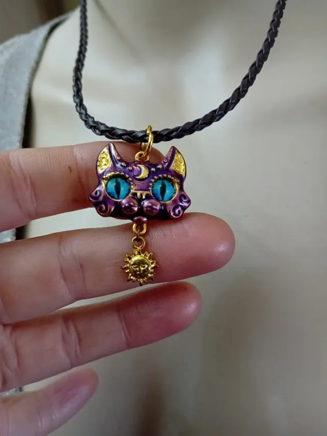 Collana gatto vintage raro con ciondolo sole