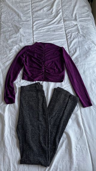 Conjunto de fiesta top morado y pantalón gris