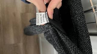 Conjunto de fiesta top morado y pantalón gris