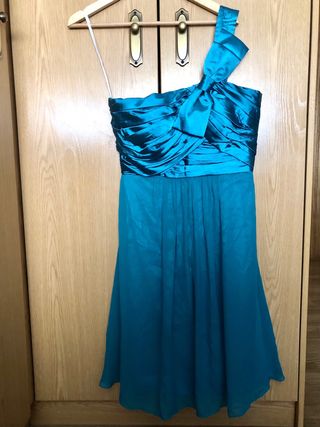Vestido fiesta un hombro azul verdoso