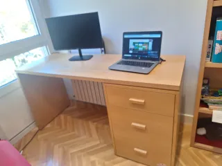 Cama escritorio y estanteria juvenil de madera