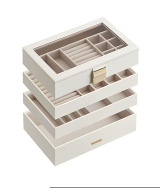 SONGMICS Caja Joyero con 4 Bandejas Apilables, Navidad, Caja de Joyas Grande, Tapa de Cristal Transparente, 17 x 28 x 18,3 cm, para Cajón de Tocador, Idea de Regalo, Blanco JBC164W01