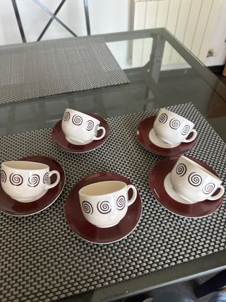 Juego 5 Tazas Café Porcelana Marrón Blanco