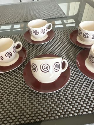 Juego 5 Tazas Café Porcelana Marrón Blanco