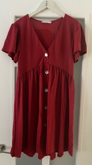 Vestido Mango Rojo Cuello Pico Manga Corta