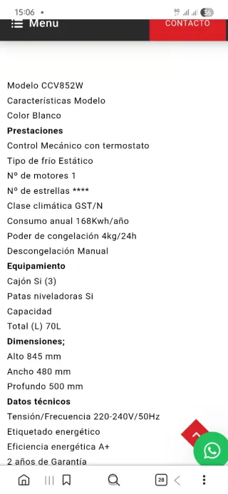 Congelador Corberó CCV852W A+