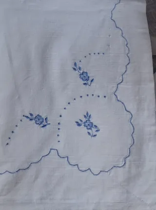 Vintage  Sábana   algodon Bordada Azul cobalto