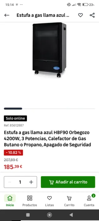 Estufa Gas Butano Llama Azul Orbegozo
